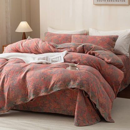Wendbares Jacquard-Bettwäscheset aus Baumwolle mit Blumenmuster und Knöpfen (4-teilig)