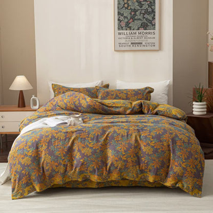 Wendbares Jacquard-Bettwäscheset aus Baumwolle mit Blumenmuster und Knöpfen (4-teilig)