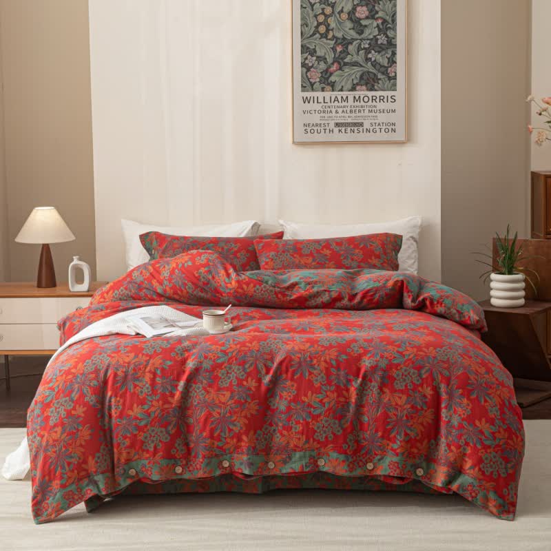 Wendbares Jacquard-Bettwäscheset aus Baumwolle mit Blumenmuster und Knöpfen (4-teilig)