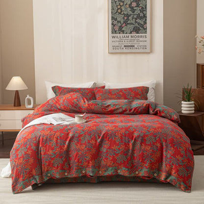 Wendbares Jacquard-Bettwäscheset aus Baumwolle mit Blumenmuster und Knöpfen (4-teilig)