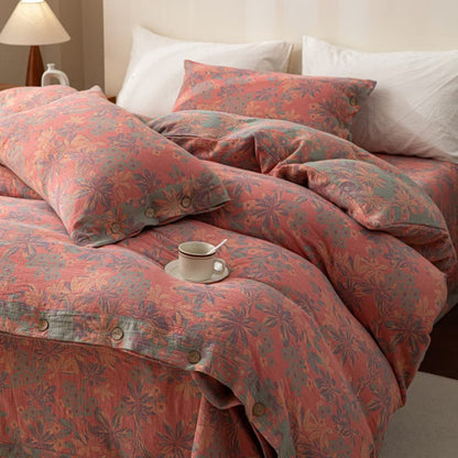 Wendbares Jacquard-Bettwäscheset aus Baumwolle mit Blumenmuster und Knöpfen (4-teilig)