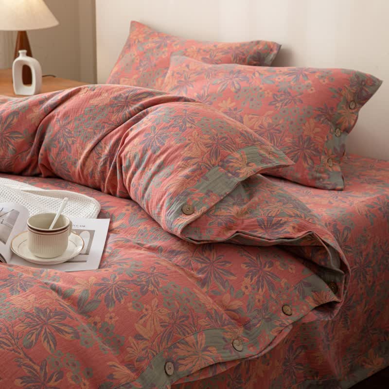 Wendbares Jacquard-Bettwäscheset aus Baumwolle mit Blumenmuster und Knöpfen (4-teilig)