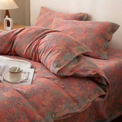 Wendbares Jacquard-Bettwäscheset aus Baumwolle mit Blumenmuster und Knöpfen (4-teilig)