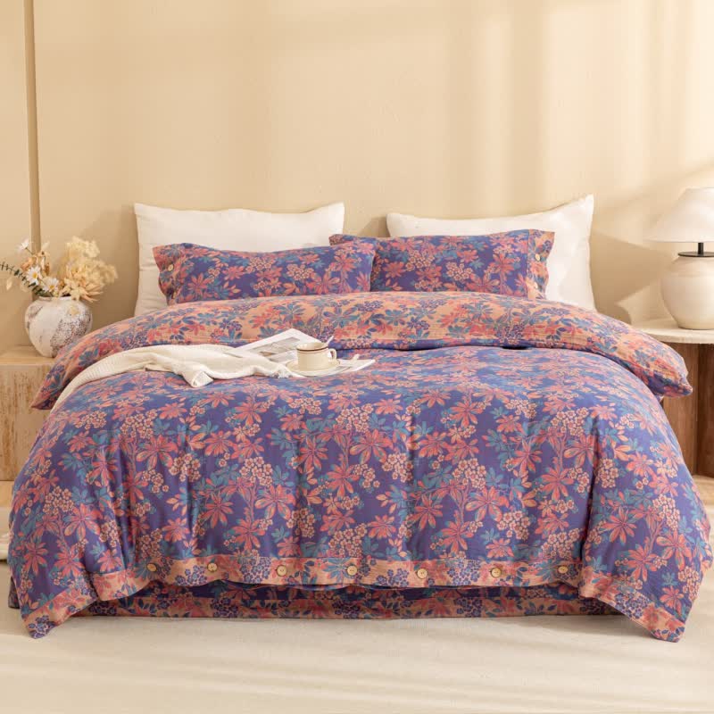 Wendbares Jacquard-Bettwäscheset aus Baumwolle mit Blumenmuster und Knöpfen (4-teilig)