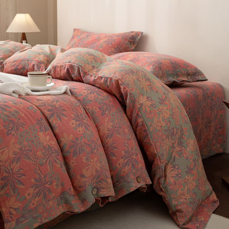 Wendbares Jacquard-Bettwäscheset aus Baumwolle mit Blumenmuster und Knöpfen (4-teilig)