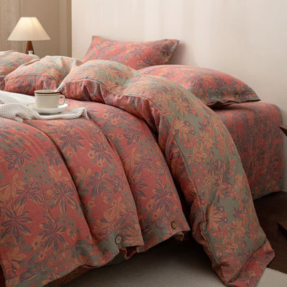 Wendbares Jacquard-Bettwäscheset aus Baumwolle mit Blumenmuster und Knöpfen (4-teilig)