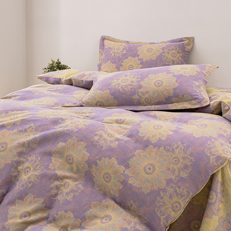 Wendebettwäscheset aus Baumwollgaze mit Jacquard-Blumenmuster (4-teilig)