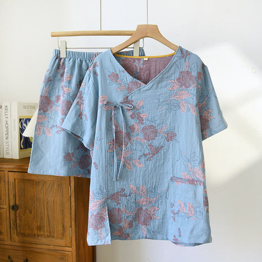 Retro Blaues Pyjama-Set aus Baumwollgaze mit V-Ausschnitt und Blumenmuster