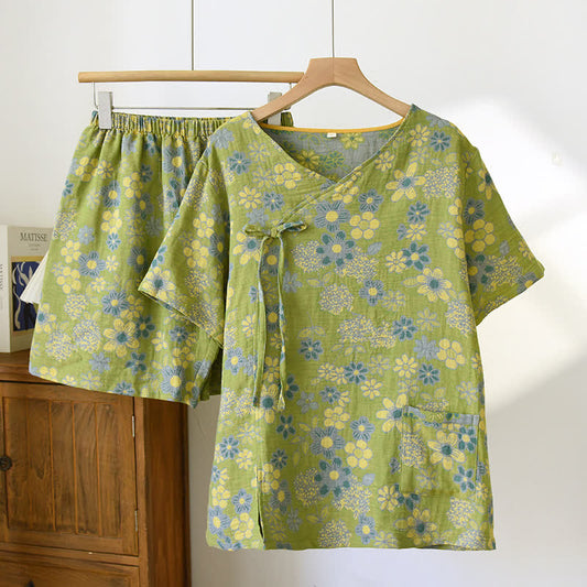 Rustikales Pyjama-Set aus Baumwollgaze mit V-Ausschnitt und Blumenmuster