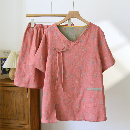 Vintage Rosa Blumen Baumwollgaze V-Ausschnitt Pyjama Set