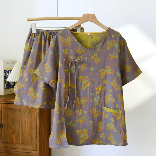 Vintage Schmetterlings-Pyjama-Set aus Baumwollgaze mit V-Ausschnitt