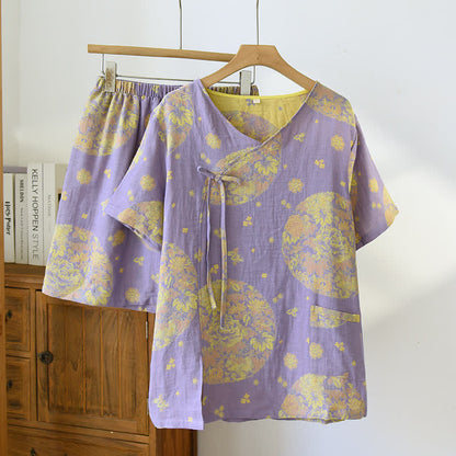 Pyjama-Set aus Baumwollgaze mit V-Ausschnitt und Vintage Blossom