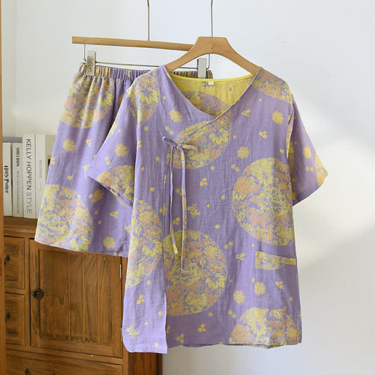 Pyjama-Set aus Baumwollgaze mit V-Ausschnitt und Vintage Blossom