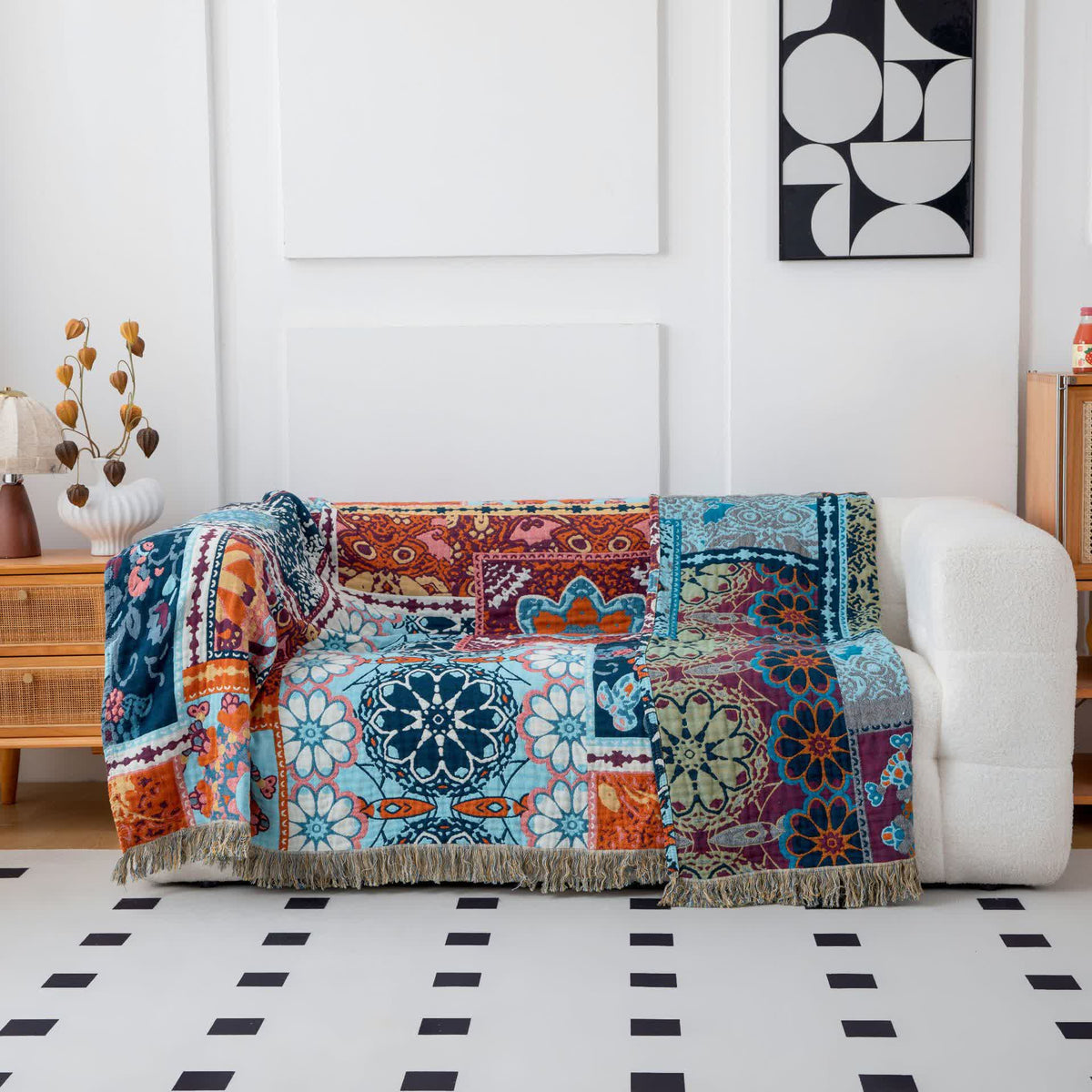Wendbare Boho-Baumwolldecke mit blauem Blumenmuster und Quasten - 90" x 108" - image 1
