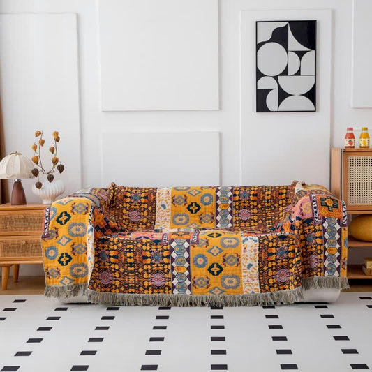 Boho Art Patchwork-Wendedecke aus Baumwolle mit Quasten