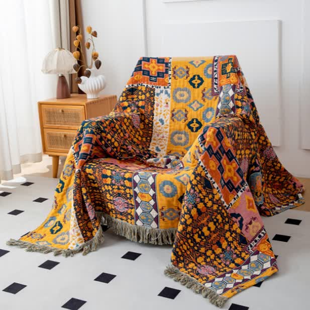 Boho Art Patchwork-Wendedecke aus Baumwolle mit Quasten