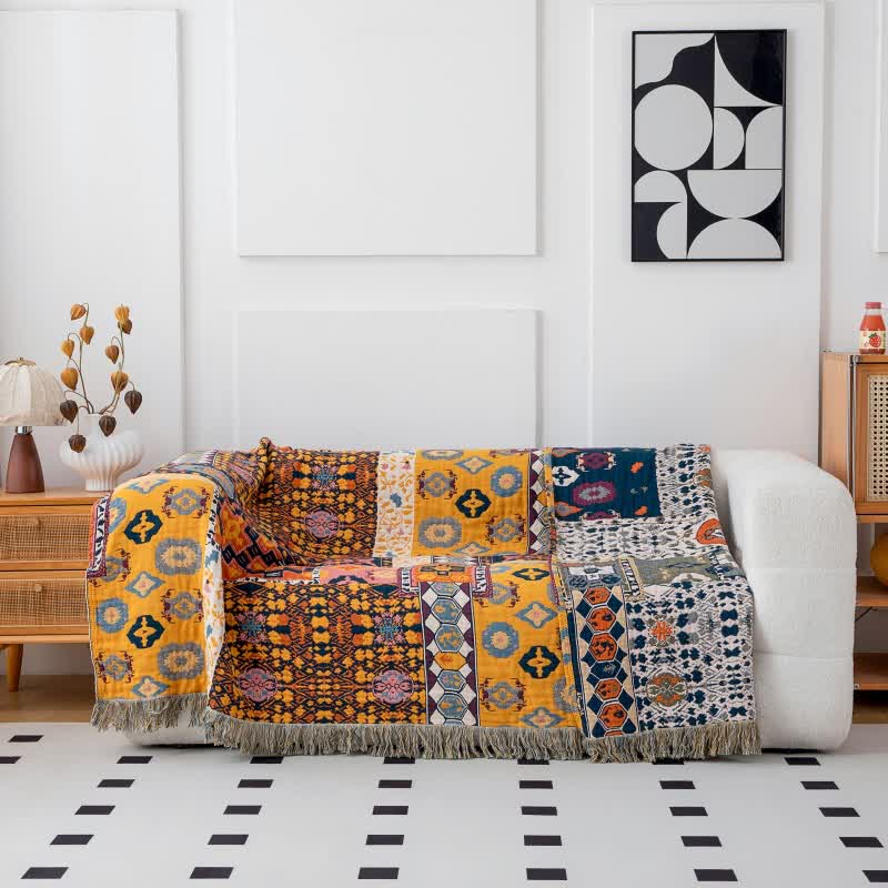 Boho Art Patchwork-Wendedecke aus Baumwolle mit Quasten