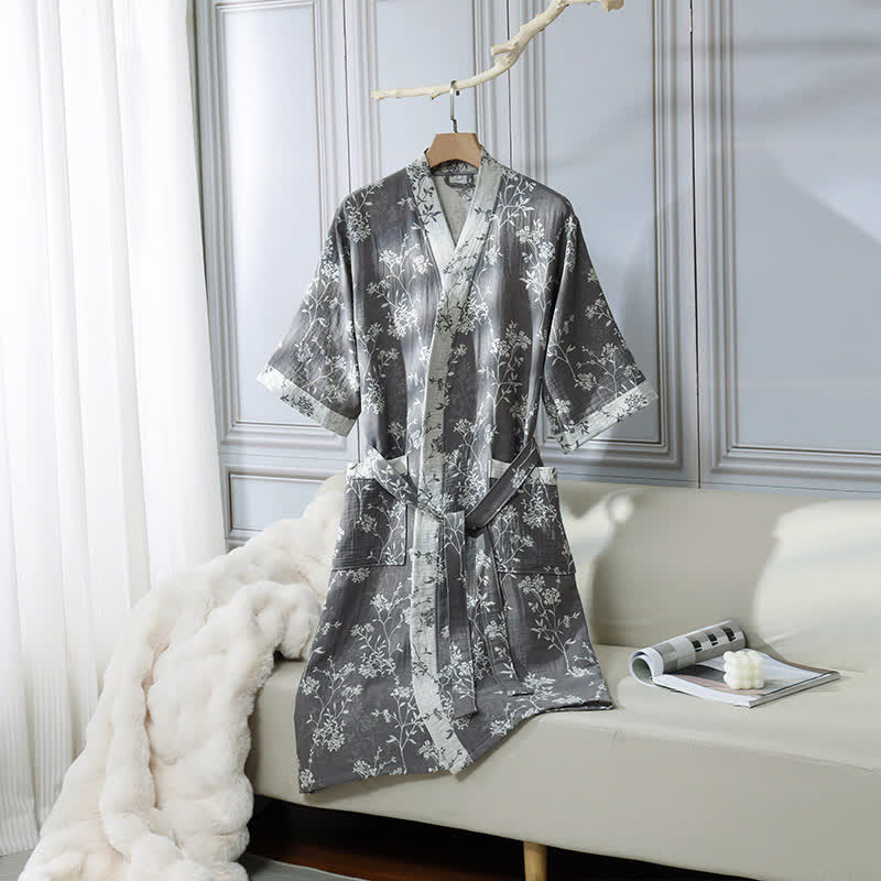 Bademantel aus Baumwollgaze-Jacquard im Vintage-Kimono mit Blumenmuster