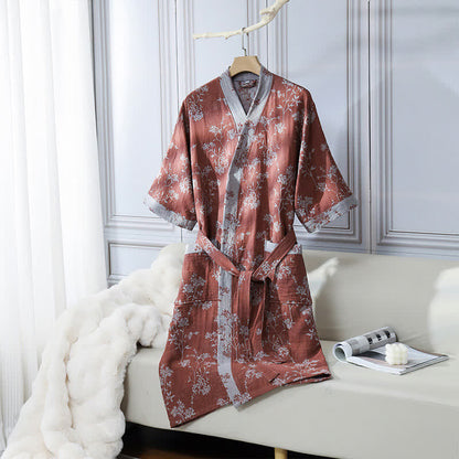 Bademantel aus Baumwollgaze-Jacquard im Vintage-Kimono mit Blumenmuster