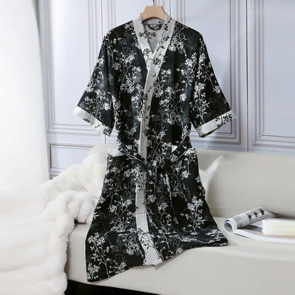 Bademantel aus Baumwollgaze-Jacquard im Vintage-Kimono mit Blumenmuster