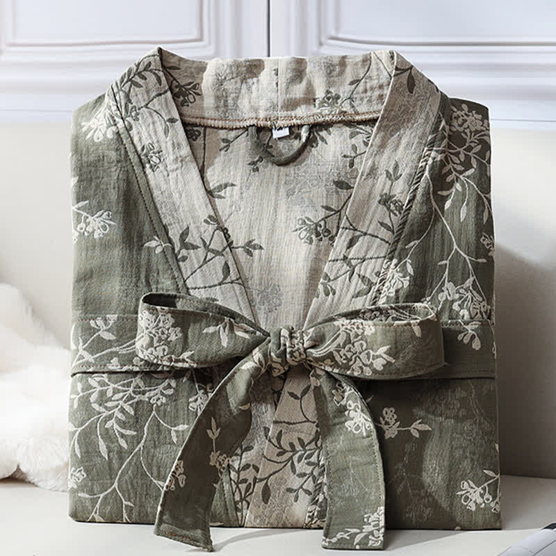 Bademantel aus Baumwollgaze-Jacquard im Vintage-Kimono mit Blumenmuster