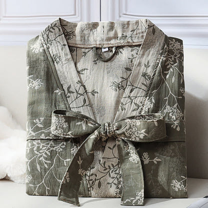 Bademantel aus Baumwollgaze-Jacquard im Vintage-Kimono mit Blumenmuster