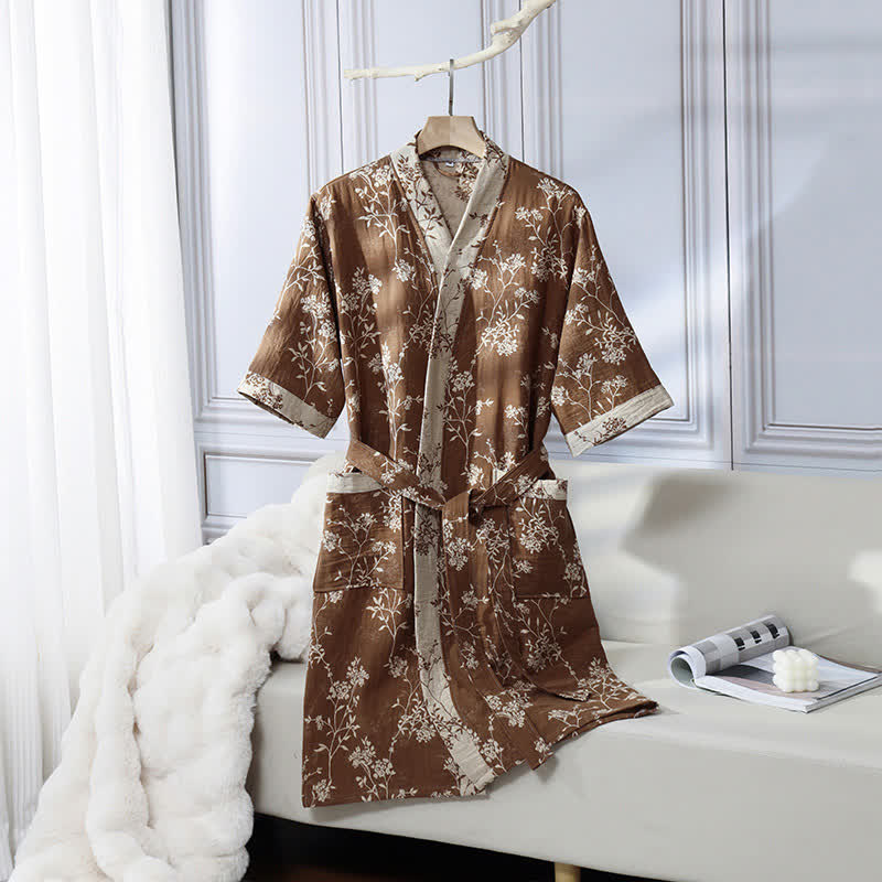 Bademantel aus Baumwollgaze-Jacquard im Vintage-Kimono mit Blumenmuster