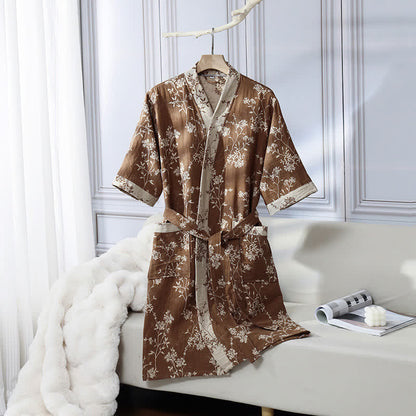 Bademantel aus Baumwollgaze-Jacquard im Vintage-Kimono mit Blumenmuster