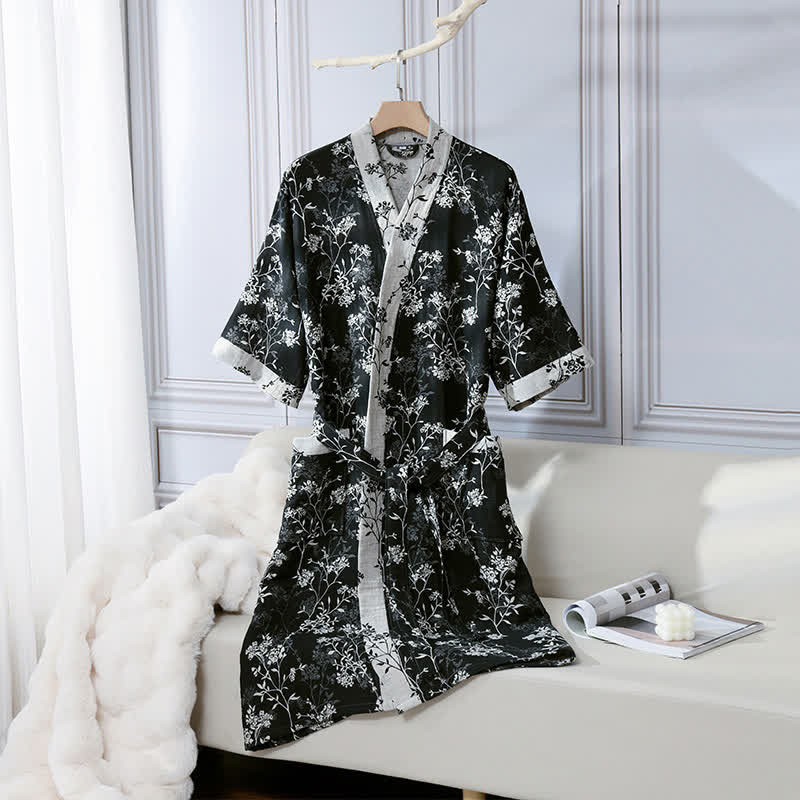 Bademantel aus Baumwollgaze-Jacquard im Vintage-Kimono mit Blumenmuster