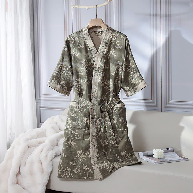 Bademantel aus Baumwollgaze-Jacquard im Vintage-Kimono mit Blumenmuster