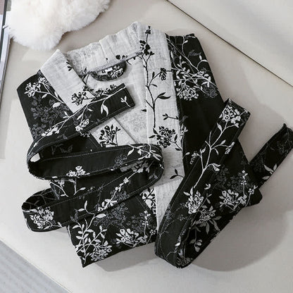 Bademantel aus Baumwollgaze-Jacquard im Vintage-Kimono mit Blumenmuster