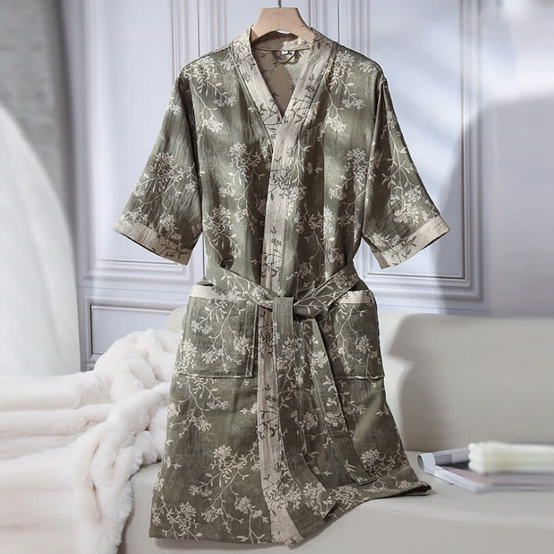 Bademantel aus Baumwollgaze-Jacquard im Vintage-Kimono mit Blumenmuster