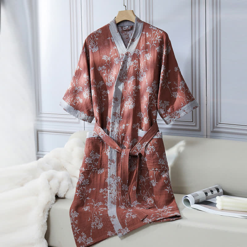Bademantel aus Baumwollgaze-Jacquard im Vintage-Kimono mit Blumenmuster