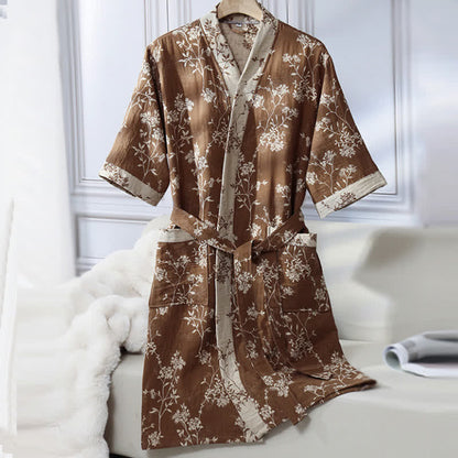 Bademantel aus Baumwollgaze-Jacquard im Vintage-Kimono mit Blumenmuster