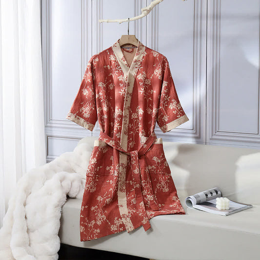 Bademantel aus Baumwollgaze-Jacquard im Vintage-Kimono mit Blumenmuster