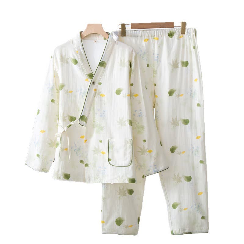 Verstellbares Pyjama-Set aus Baumwollgaze mit Blattmuster und Kimono