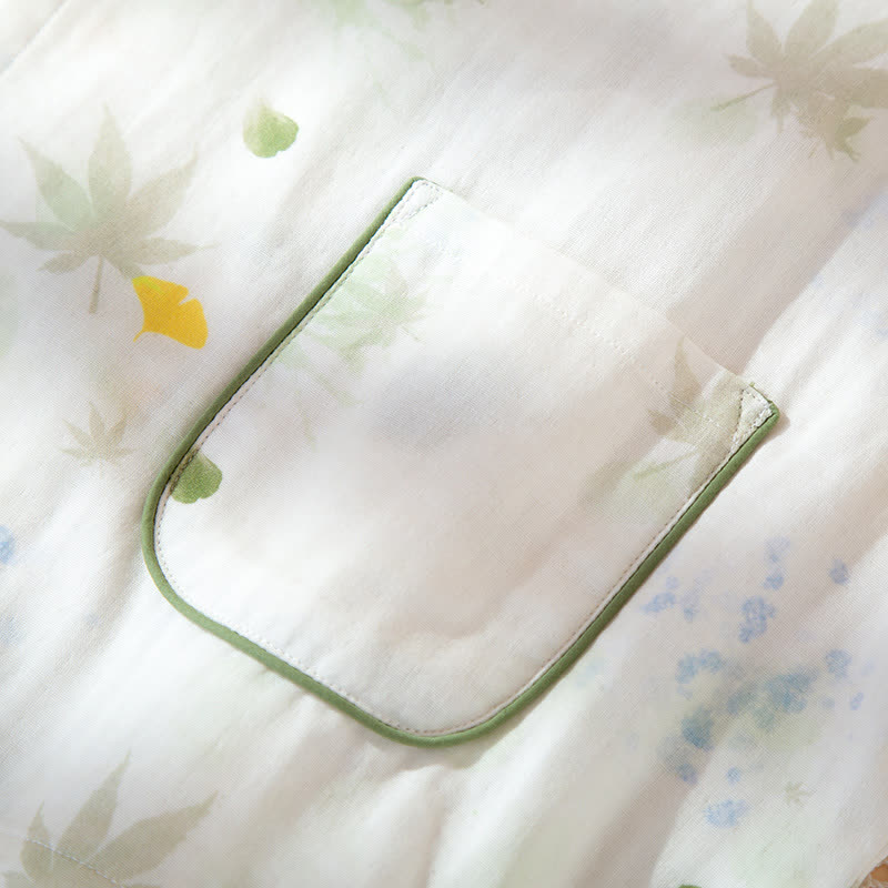Verstellbares Pyjama-Set aus Baumwollgaze mit Blattmuster und Kimono