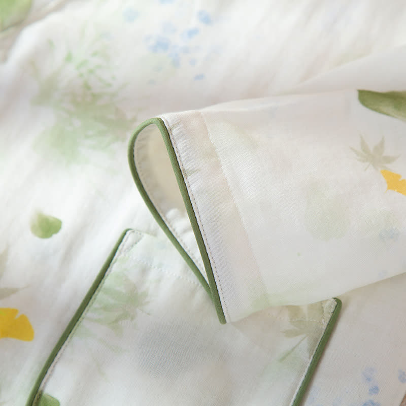 Verstellbares Pyjama-Set aus Baumwollgaze mit Blattmuster und Kimono