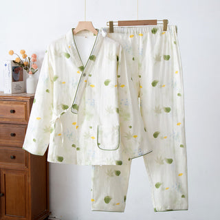 Verstellbares Pyjama-Set aus Baumwollgaze mit Blattmuster und Kimono