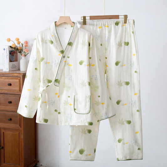 Verstellbares Pyjama-Set aus Baumwollgaze mit Blattmuster und Kimono