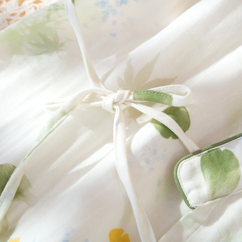 Verstellbares Pyjama-Set aus Baumwollgaze mit Blattmuster und Kimono