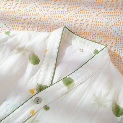 Verstellbares Pyjama-Set aus Baumwollgaze mit Blattmuster und Kimono