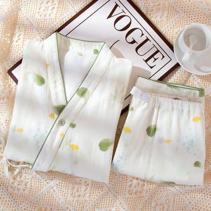 Verstellbares Pyjama-Set aus Baumwollgaze mit Blattmuster und Kimono