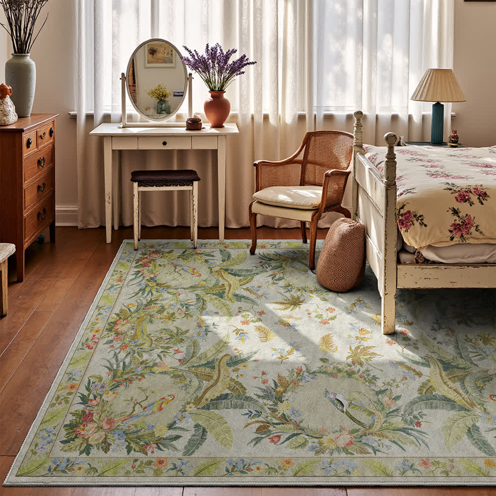 Rutschfester Teppich mit Blumen- und Vogelmotiv