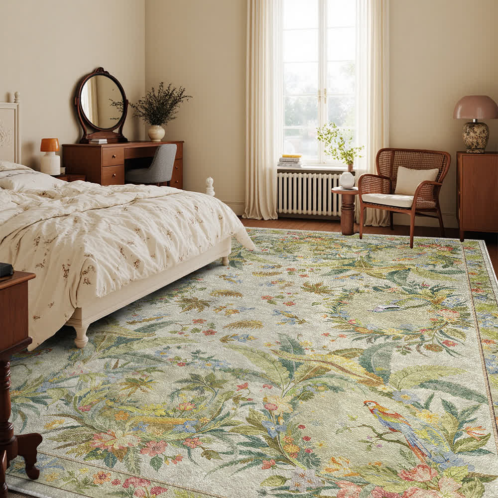 Rutschfester Teppich mit Blumen- und Vogelmotiv