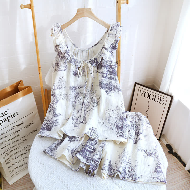 Nachtwäsche aus Baumwollgaze mit Vintage-Landschaftsdruck und Rüschen - Lila - Pyjama-Set - XL - image 1
