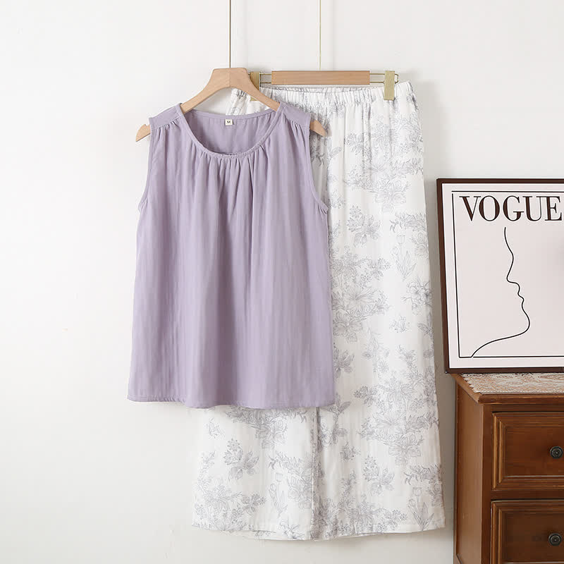 Elegantes Loungewear-Set aus doppellagiger Baumwollgaze mit Blumenmuster