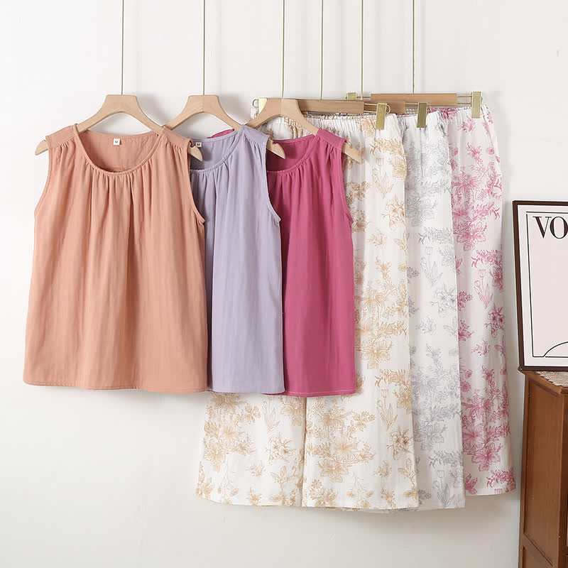 Elegantes Loungewear-Set aus doppellagiger Baumwollgaze mit Blumenmuster