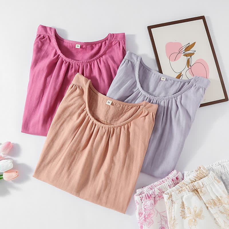 Elegantes Loungewear-Set aus doppellagiger Baumwollgaze mit Blumenmuster