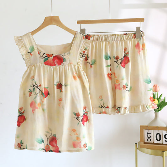 Gepolstertes Loungewear-Set mit Rüschen und Blumenmuster in Granatapfelgrün